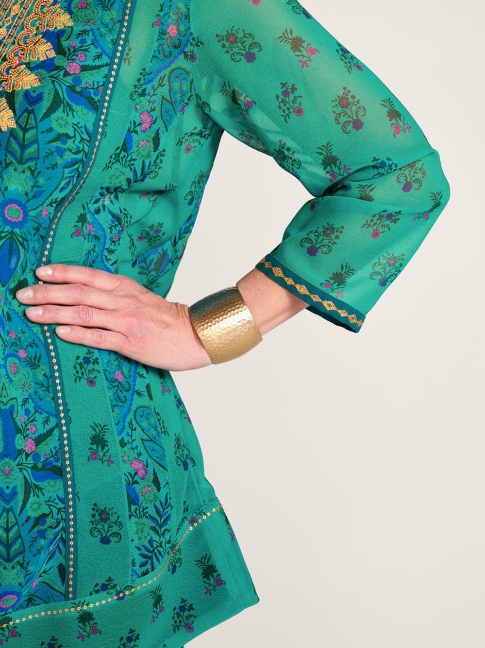 Soft Surroundings Boho Blue Green V-neck Embellished Bronte Tunic Blouse Top - Picture 3 of 11